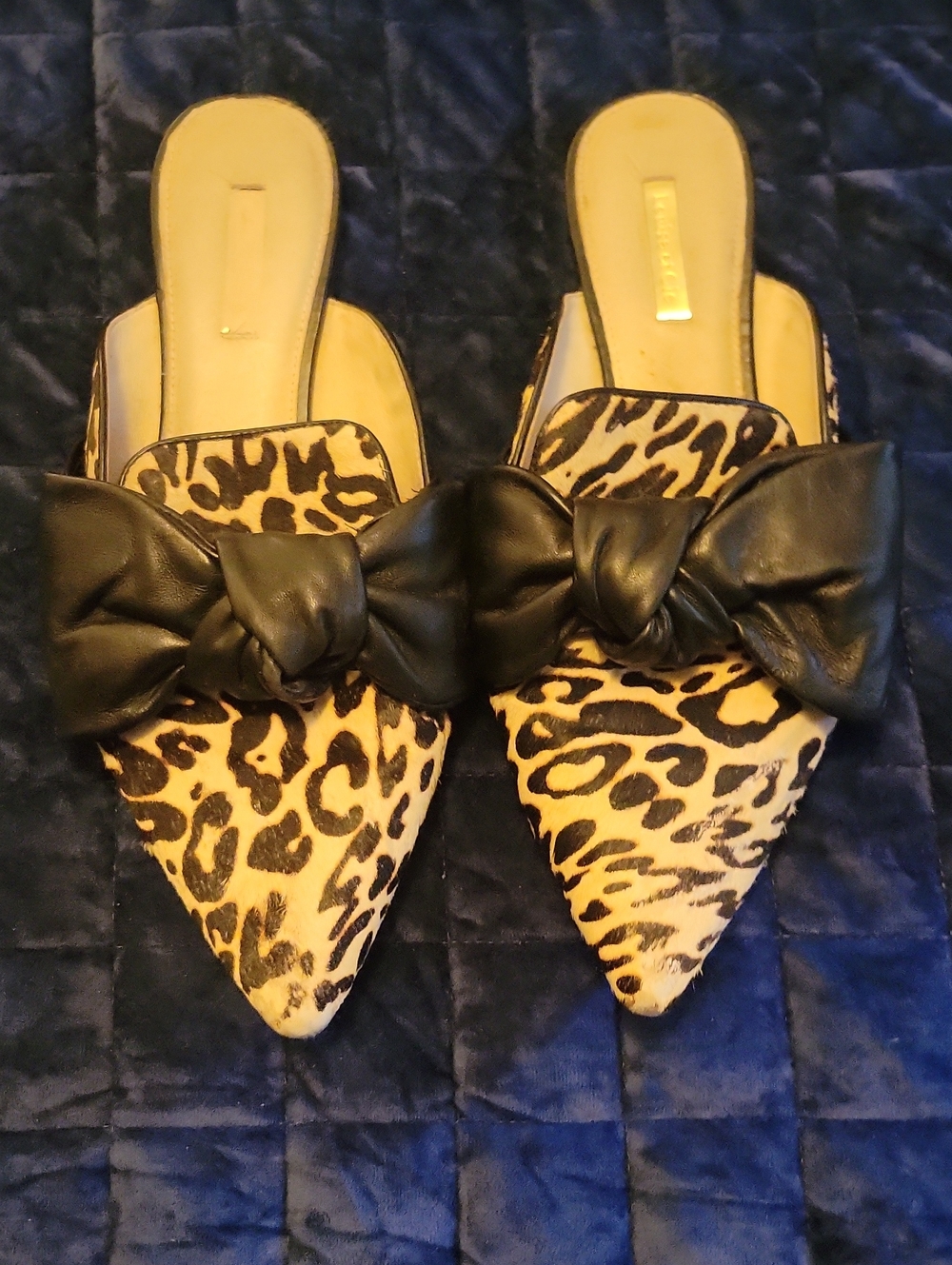 Louise et Cie Leopard Print Pointed Mules with Black Knot Bow